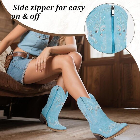 Women's Blue Embroidered Side Zipper Comfortable Chunky Heel Western Boot - Picture 3 of 6